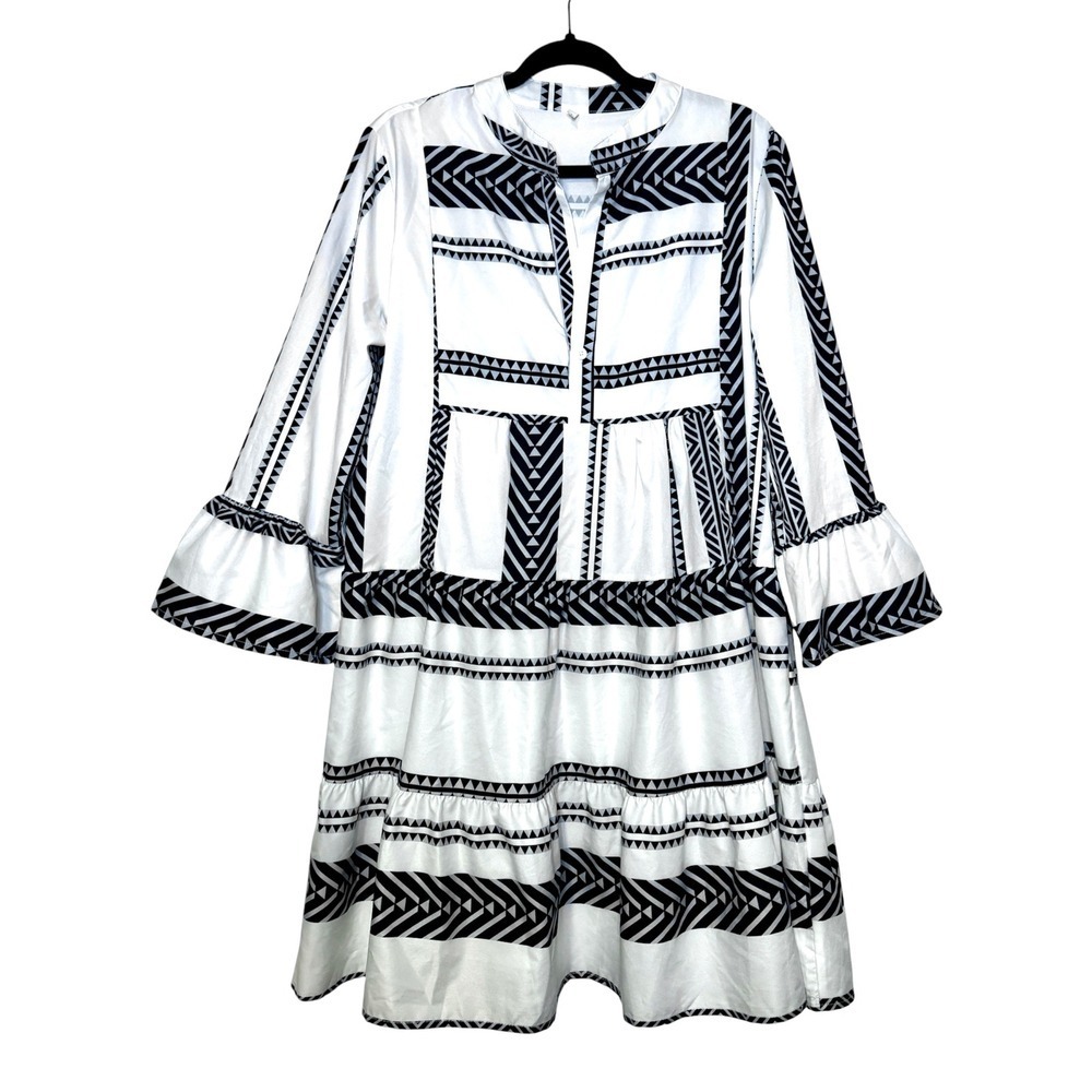 Unbranded Women's Tiered 3/4 Sleeve Geometric Print‎ Dress Size L Black White